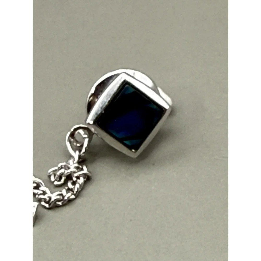 Tie Tack Silver Tone Blue Inlay Square Stone Men Accessory Chain Bar